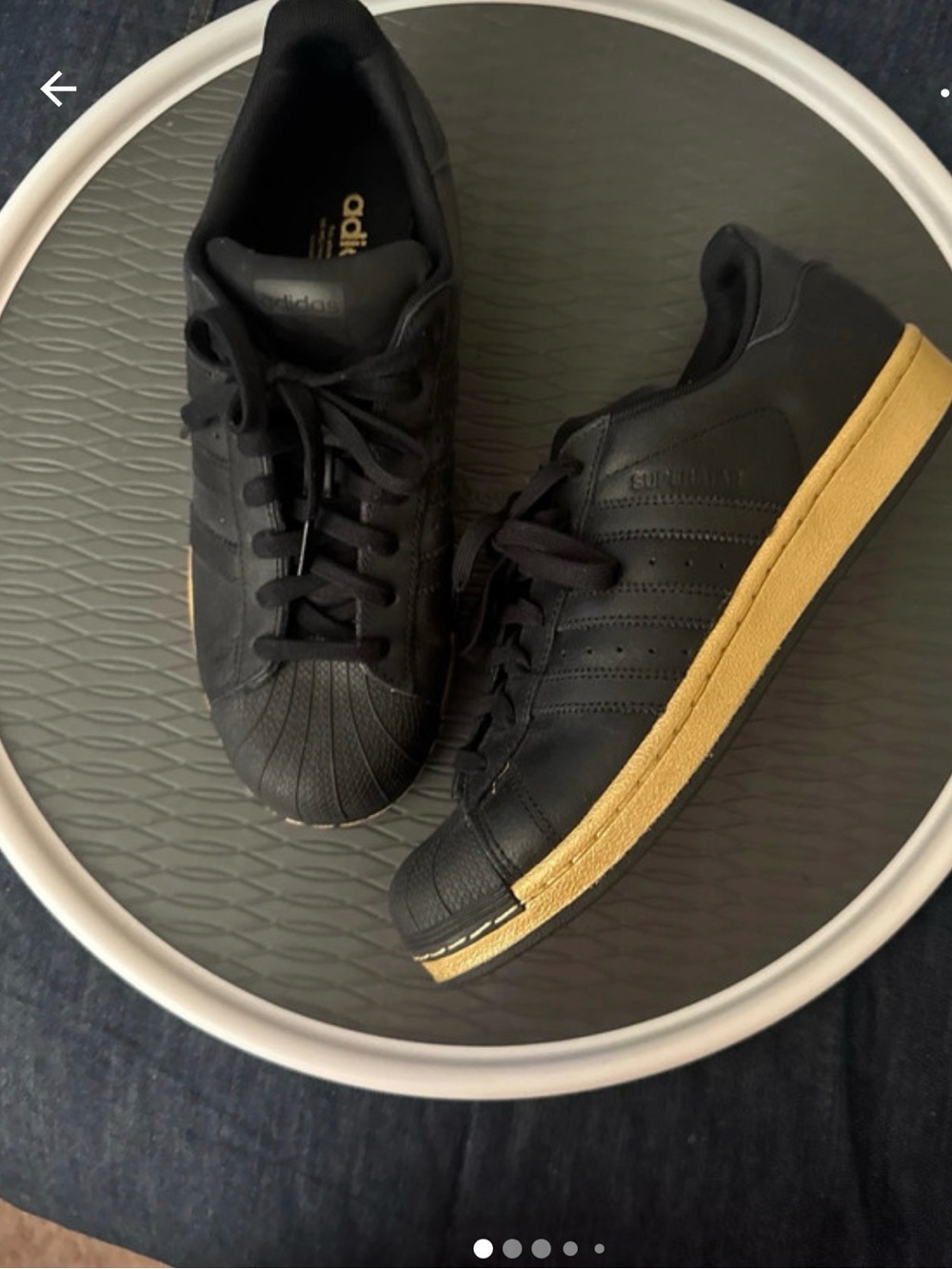 M8/W 9.5 unisex adidas Black Sneakers with gold Gum-Style Sole